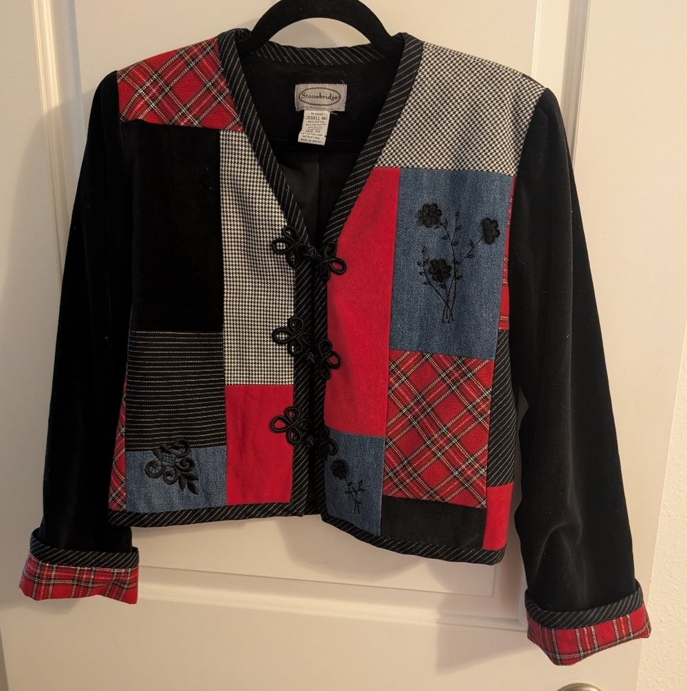 Vintage Patchwork Blazer with Red and Black Accents